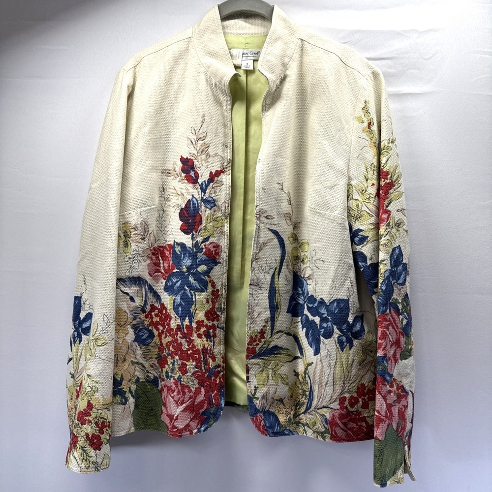 Coldwater Creek Women's Jacket Size 8 Blue Red Floral Lined Open Long Sleeves